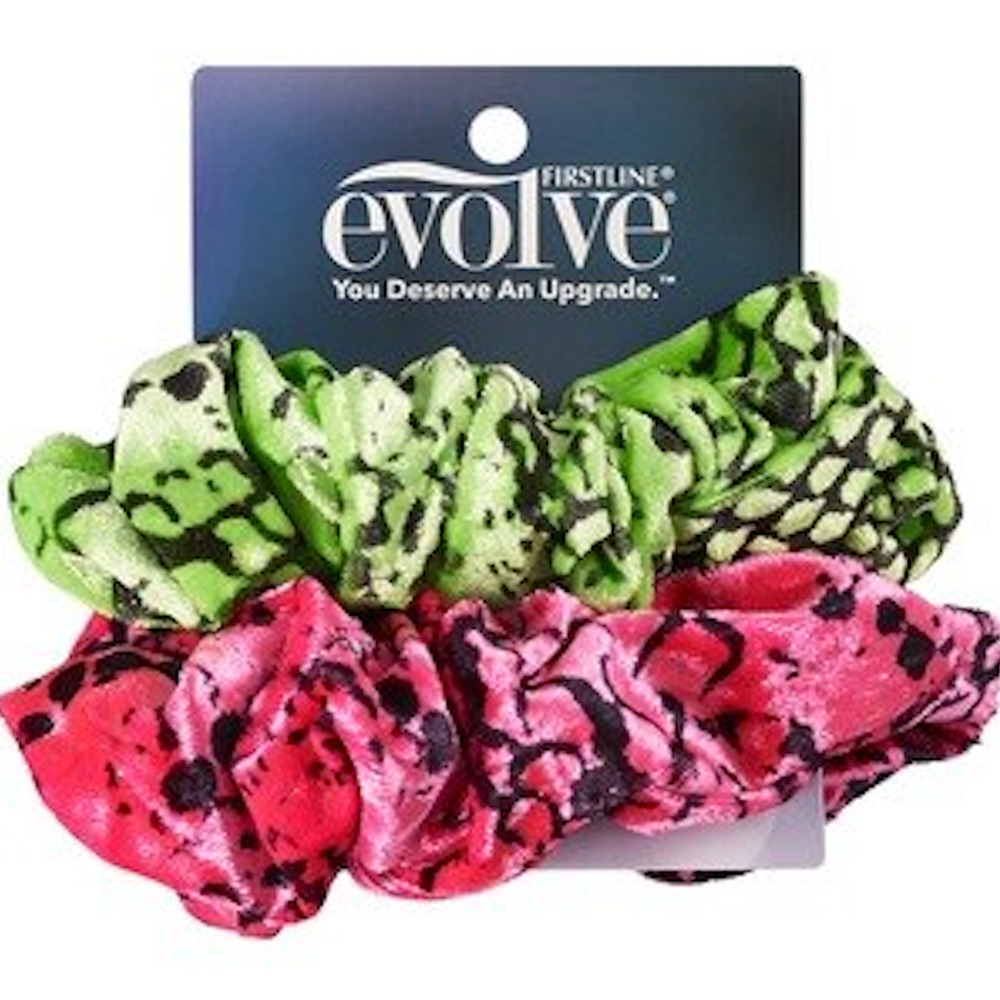 Firstline Evolve Hair Accessories, 2 Pack Scrunchie Green & Pink Leopard #223